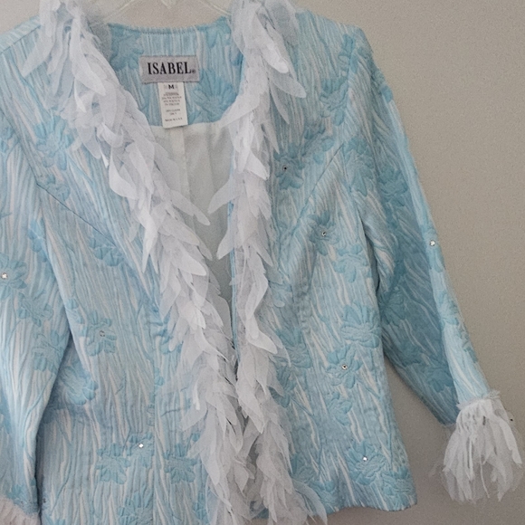 ISABEL Elegant Formal Jacket Turquoise White Rhinestones “Feather” Trim Like New - Picture 10 of 11